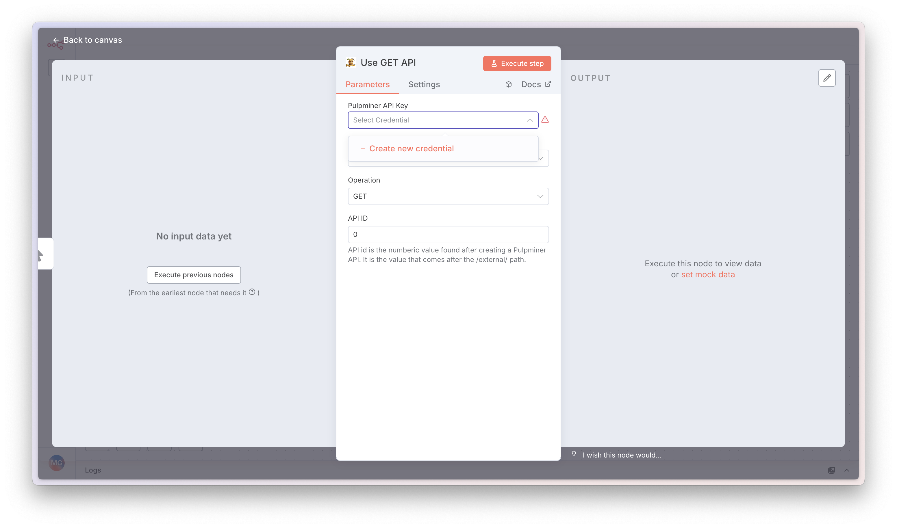 Create credentials using your PulpMiner API key copied from Saved APIs screen