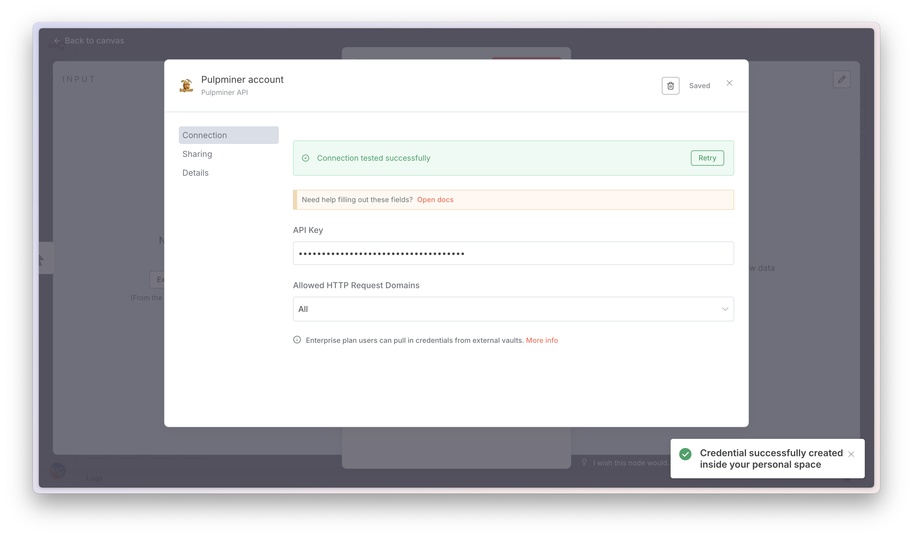Enter API key, save, and verify PulpMiner credentials
